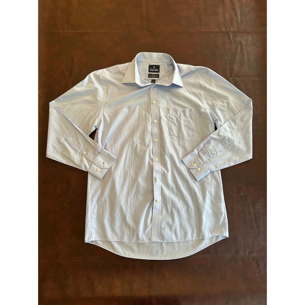 Stafford Travel Mens Dress Shirt 16.5 34/35 Blue Easy Care Broadcloth Regular